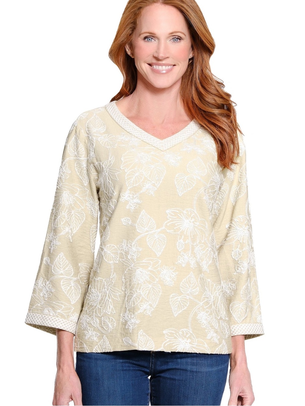 Ali Miles Women’s All Over Floral Embroidered V-Neck 3/4 Sleeve Tunic Taupe PL